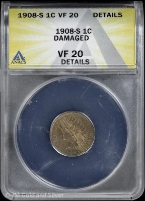 1908-S 1C Indian Head Cent ANACS VF 20 Details | Very Fine - Image 1 of 4