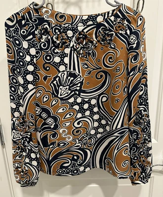 Blusa Tory Burch 100% Seda Talla 0 Funky Estampado Remolino Azul/Marrón Diseñador Limpieza en Seco Foto 1 de 4