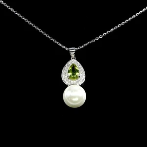 925 Sterling Silver Necklace Pear Peridot 8x6mm Mop Gemstone Jewelry 18 Ins - Picture 1 of 13