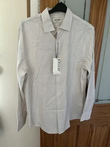 JAEGER Men’s White And Stone Striped Shirt L Regular Fit - Picture 1 of 9