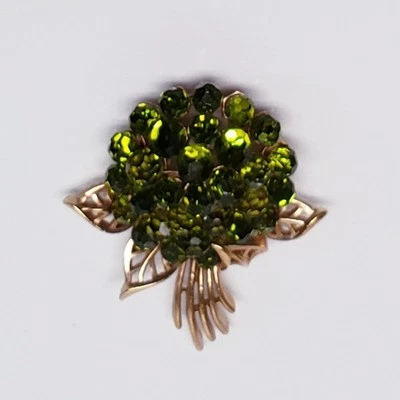 Rare Crown Trifari Green Olivine Hydrangea Briolette Gold Tone Cluster Brooch - Image 1 of 4