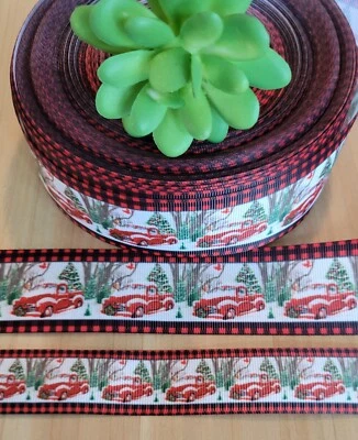 Cinta de grosgrain de camión de Navidad de 1 y 1,5" (1 YD) roja para camión Buffalo arcos a cuadros Foto 1 de 2