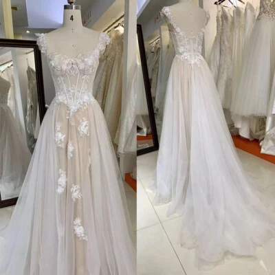 Boho A-Line Lace Wedding Dresses Spaghetti Straps Backless Applique Bridal Gowns - Image 1 of 4