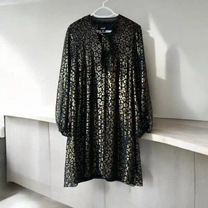 DKNY Party Cocktail Midi Dress Womens Sz 14 Pleated Black/Gold Animal Print - Picture 1 of 11