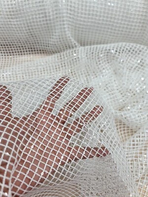 Off White Embroidery Fabric Sold By The Yard Fish Net With Clear Sequins Dress  - Image 1 of 4