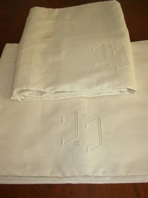 Matching pair French Matis Sheets 110"x96" - JJ monogram - Image 1 of 4