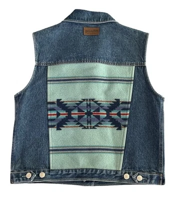 Pendleton Vintage Aztec Wool Panel Jean Denim Vest Western Ranch Rare Size L - Image 1 of 4