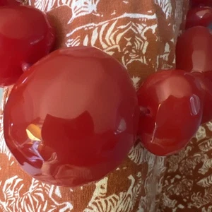 Huge Lipstick Red Galalith Vintage Beaded Necklace w Sterling Chain - Picture 1 of 9