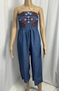 NWT Parc & Lex Strapless Chambray Denim Jumpsuit Women XS Blue Floral Boho 60$ - Picture 1 of 20