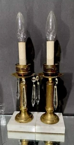 Candlesticks…Brass With White Marble Bases..No Shades…Missing Crystals - Picture 1 of 10
