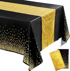 Tablecloth Table Runner 2-PC Set, Glitter & Sequin, Black & Gold, 54" x 108" - Picture 1 of 6