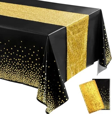 Tablecloth Table Runner 2-PC Set, Glitter & Sequin, Black & Gold, 54" x 108" - Image 1 of 4
