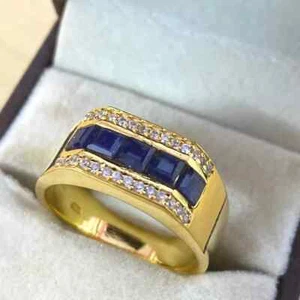 Men's 1.28 Ct Natural Blue Sapphire & Diamond Wedding Band Ring 14K Yellow Gold - Picture 1 of 13