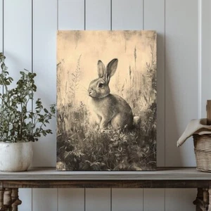 Vintage Rabbit Canvas Print – Monochrome Sketch of Bunny in Meadow for Nature-In - Picture 1 of 18