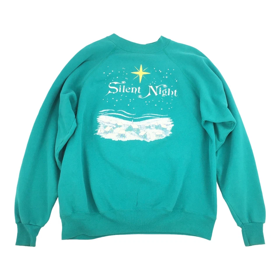 Sudadera Pullover Cuello Redondo Vintage Noche Silenciosa Tema Navidad XL Verde Azulado Foto 1 de 4