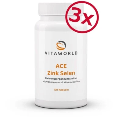 Confezione da 3 Vita World ACE Zinco+Selenio 360Kaps Vegan, Vitamine A,C,E Made in German