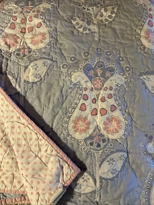 Pottery Barn Kids Blue Chelsea Bloom Pink Polka Dot Quilt Floral Full-Queen - Image 1 of 4