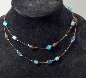 Cats Eye Choker Necklace Floating Bead Blue Gold - Picture 1 of 8