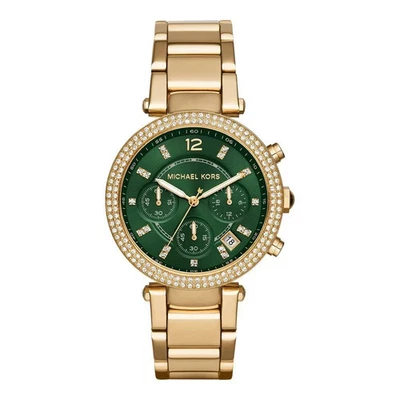 Michael Kors MK6263 Parker Ladies Gold Green Dial Stainless Chrono Watch + Bag - Image 1 of 4