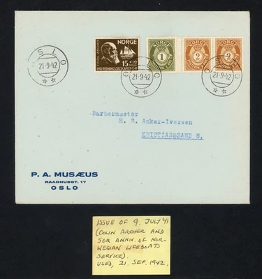1941 Норвегия Обложка 20 + 10ore Colin Archer и 50-летие норвежских спасательных шлюпок - Изображение 1 из 2