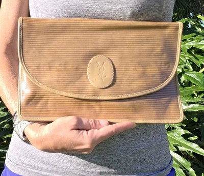 Vintage Saint Laurent Envelope Clutch Bag Tan Stripe 10.5x7 Coated Canvas - Image 1 of 4