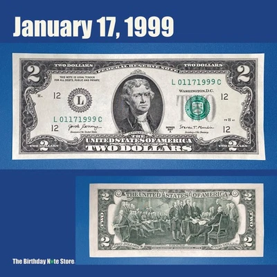 January 17, 1999 Birthday Anniversary $2 Two Dollar Bill Serial Number 01171999 - Image 1 of 2