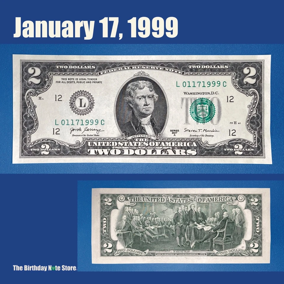 January 17, 1999 Birthday Anniversary $2 Two Dollar Bill Serial Number 01171999 - Image 1 of 2
