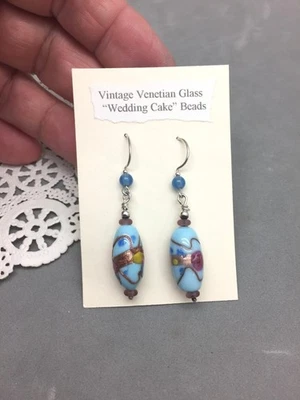 Murano 威尼斯玻璃婚礼蛋糕珠耳环 2 英寸蓝色纯银 OAAK — 第 1/4 张图片