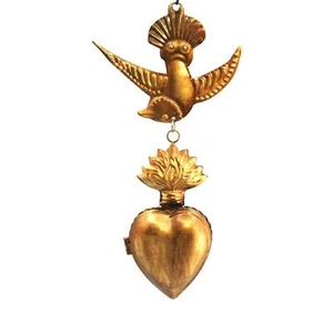 8.5" Sacred Heart Ex Voto Locket with Dove, Antiqued Gold Milagro Ornament - Picture 1 of 7