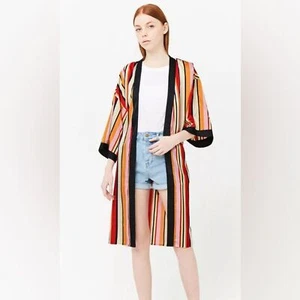 F21 Colorful Bold Striped Long Line Short Sleeve Open Front Satin Kimono Small - Picture 1 of 6
