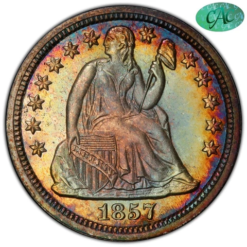 1857 10C PR67+ PCGS CAC Single Finest Toned Mintage 70 Color  |  Paradime Coins Cover