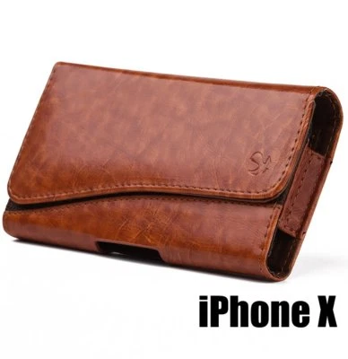 iPhone X / XS -HORIZONTAL BROWN Leather Pouch Holder Belt Clip Loop Holster Case - Image 1 of 4