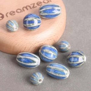 10 Stk Fambed Blau Kürbis Runde/Oval Handgemachte Keramik Porzellan Lose Perlen - Bild 1 von 8