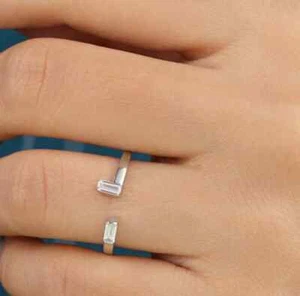 Open Cuff Sterling Silver Two Stone Baguette Cut Moissanite Engagement Ring - Picture 1 of 5