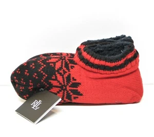 Ralph Lauren Ladies Knit Slipper Socks w Grippers Faux Fur Red Black Snowflake - Picture 1 of 1