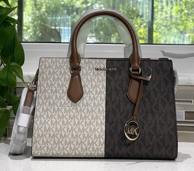 MICHAEL KORS SHEILA MEDIUM SATCHEL SHOULDER BAG PURSE MK TWO-TONE LOGO BROWN - Image 1 of 4