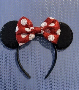 Classic Minnie Mouse Ears Headband – Red Polka Dot Sequin Bow - Picture 1 of 7