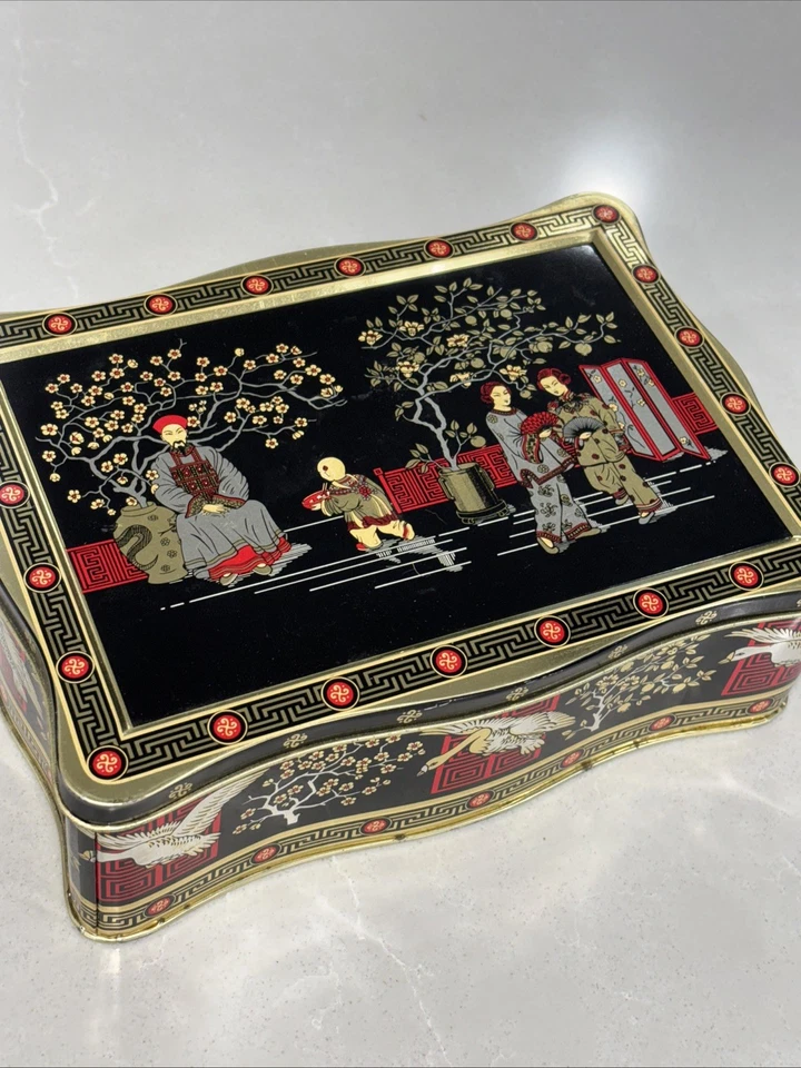 Vintage Collectible Litho Art Deco Storage Tin Tea Box Geisha Florals Cranes - Image 1 of 4