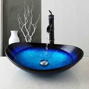 Badezimmer Hartglas Gefäß Waschtisch Spüle Schüssel mit Wasserhahn Set + Pop-up - Bild 1 von 8