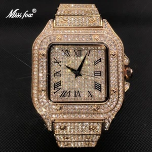 MISSFOX Men's Ice Out Watch Quartz Rose Gold Diamond Square Waterproof Gift NEW - Picture 1 of 5