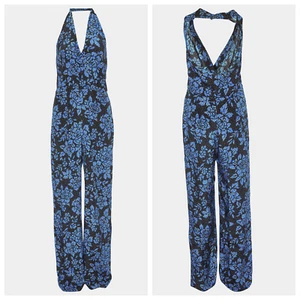DVF Diane Von Furstenberg 100% Silk Black & Blue Halter Jumpsuit Women's Size 12 - Picture 1 of 23