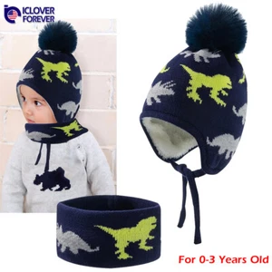 Kids Winter Hat Scarf Set Knit Boys Toddler Baby Beanie With Ear Flap Warm Cap - Picture 1 of 7