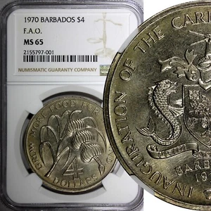 BARBADOS 1970 4 Dollars NGC MS65 1 Year Type FAO 38.5mm Mintage-30.000 KM#A9 - Picture 1 of 5