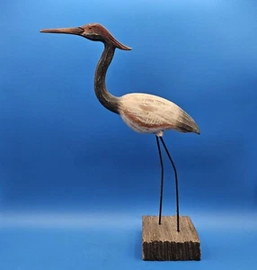 Wood Carved Bird Crane Hand Painted Metal Legs Folk Art Décor - Picture 1 of 13