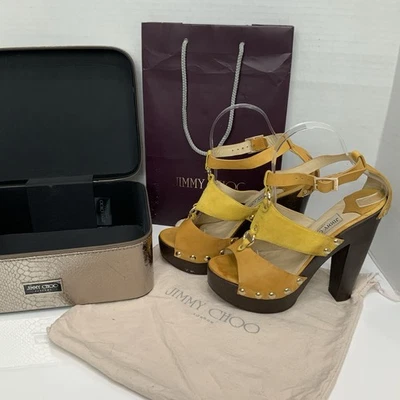 Sandalias Jimmy Choo Talla 38 Ursula Cuero Amarillo Gamuza Tachonado Madera Tacones con Caja Foto 1 de 4