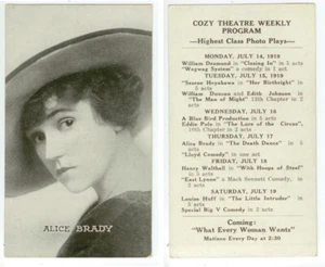 1919 Pratt Kansas Cozy Theatre Program - Alice Brady, actress, trading card - Picture 1 of 1