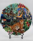 Fused Art Glass Signed Peggy Karr Jungle Leopard Parrots Toucan Monkey Plate 14"