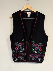 100% Wool Embroidered Floral Black Zipper Vest Size Small - Picture 1 of 4