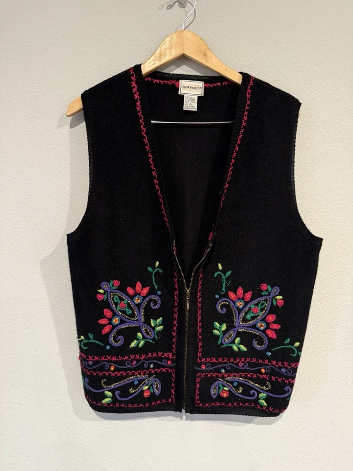 Chaleco 100% Lana Bordado Floral Negro Cremallera Talla Pequeña Foto 1 de 4