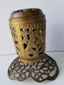 Brass Incense Burner Candle Holder Carved Ornate Asian Chinese Vintage - Picture 1 of 12